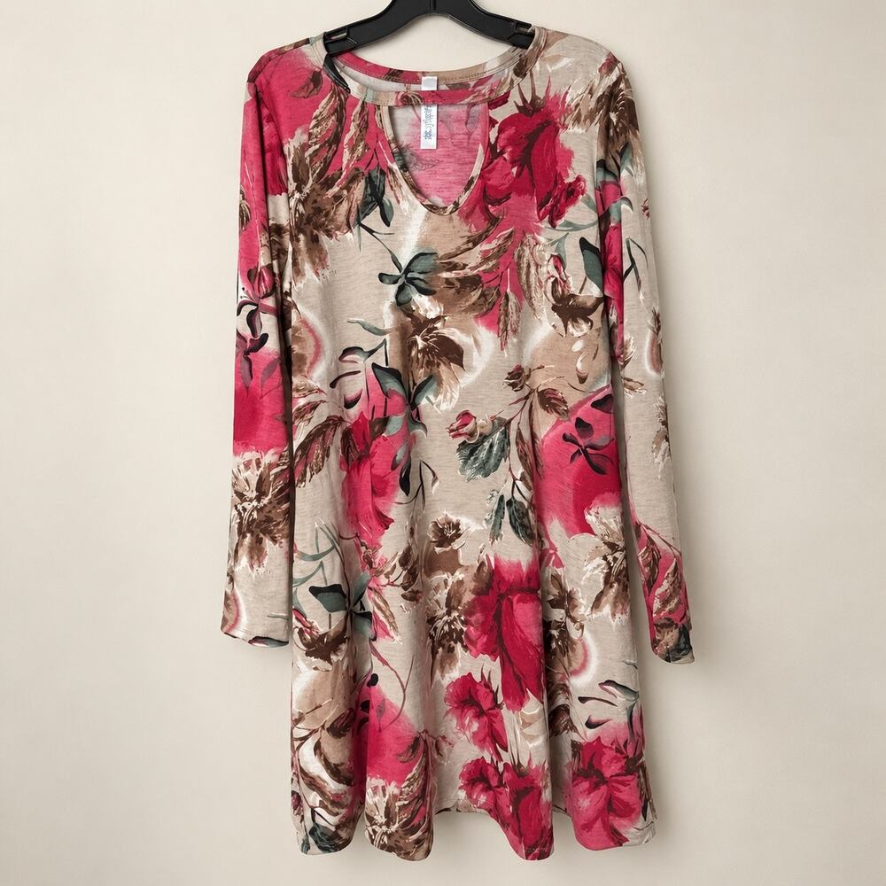 Paisley Grace Floral Swing Dress Large Pink Beige Long Sleeve Pockets Boho